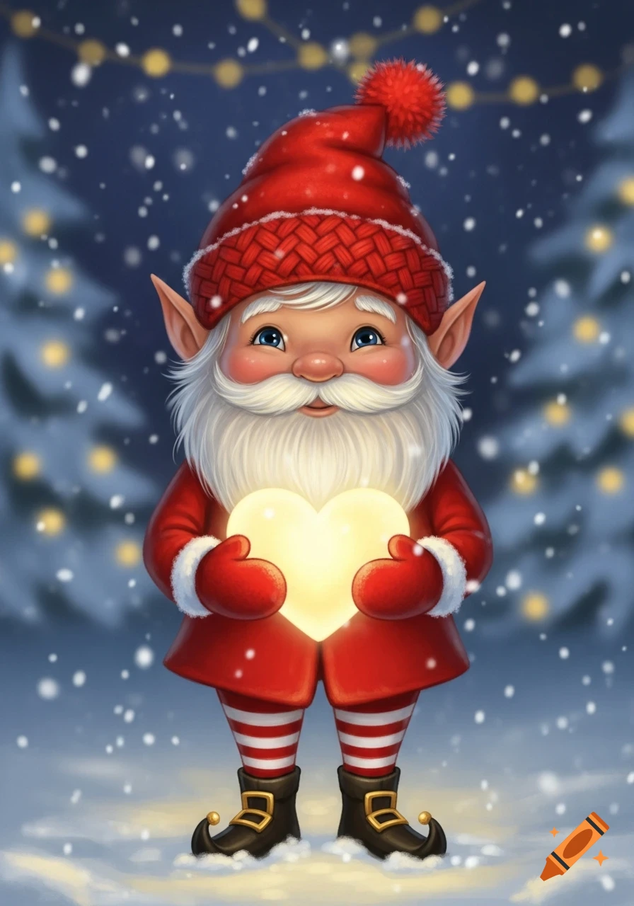 A friendly Christmas gnome with a red hat and white beard holds a glowing heart in a warm, snowy winter illustration.