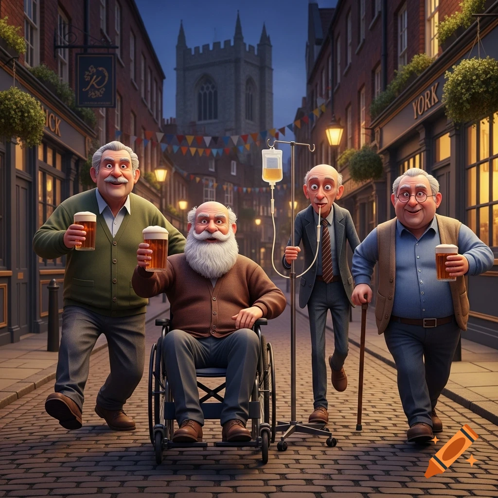 Humorous cartoon illustration of four elderly men on a night out in a historic York street. One is in a wheelchair holding a beer, another sips from a saline drip, and two others walk along with beers.