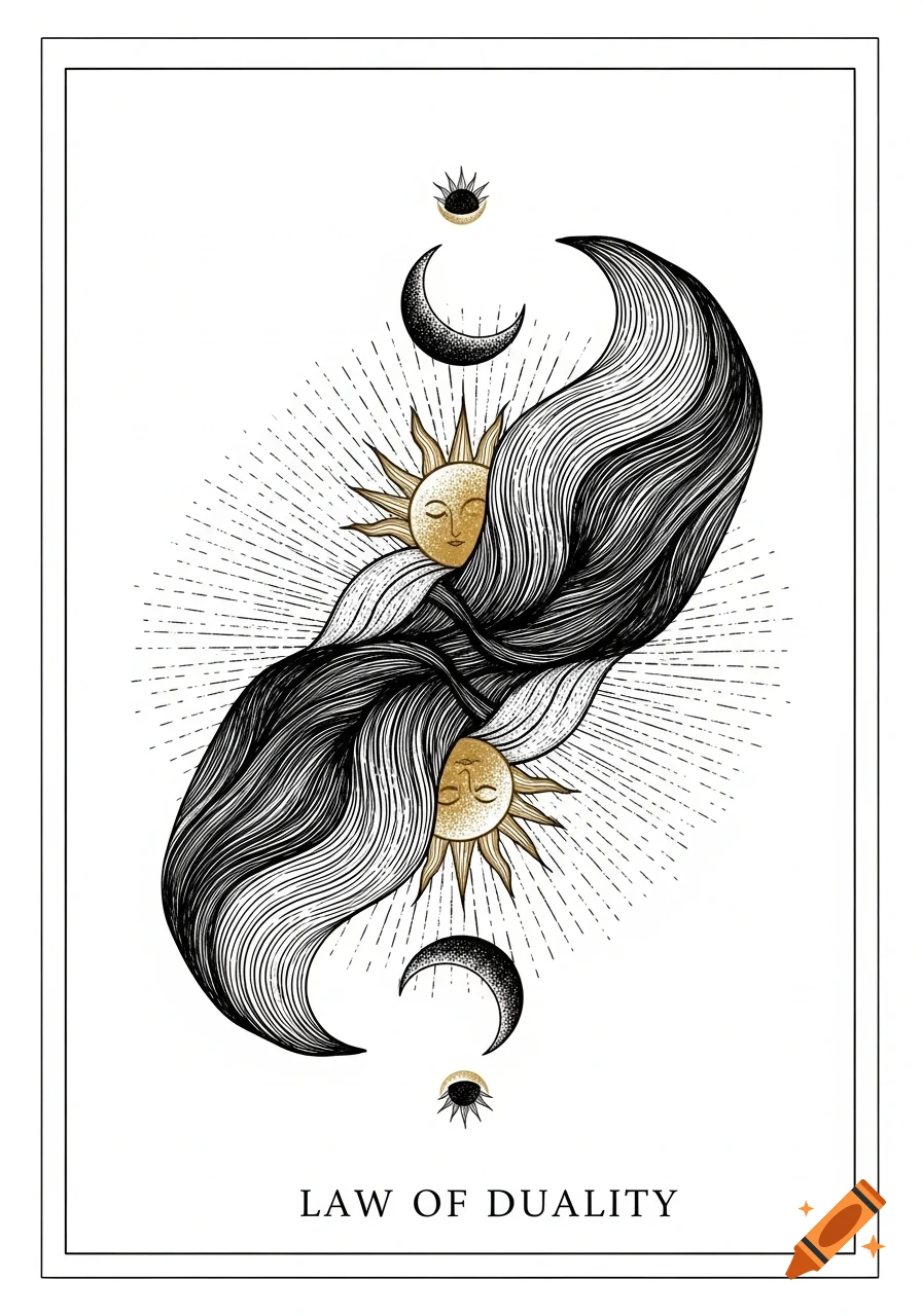 An engraving illustration of two mirrored sun and moon faces with flowing dark waves, radial lines, and the text "LAW OF DUALITY" at the bottom.