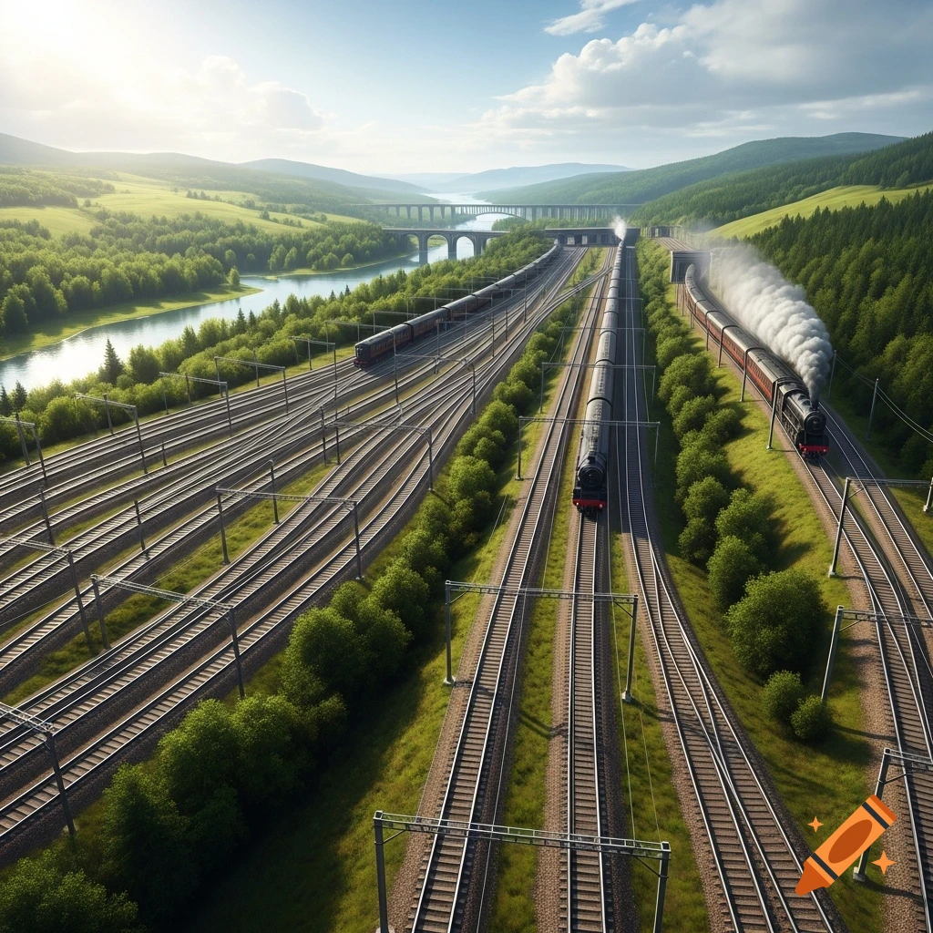 An aerial view of multiple railway tracks with trains in a lush green valley, a river, and bridges under a clear sky.