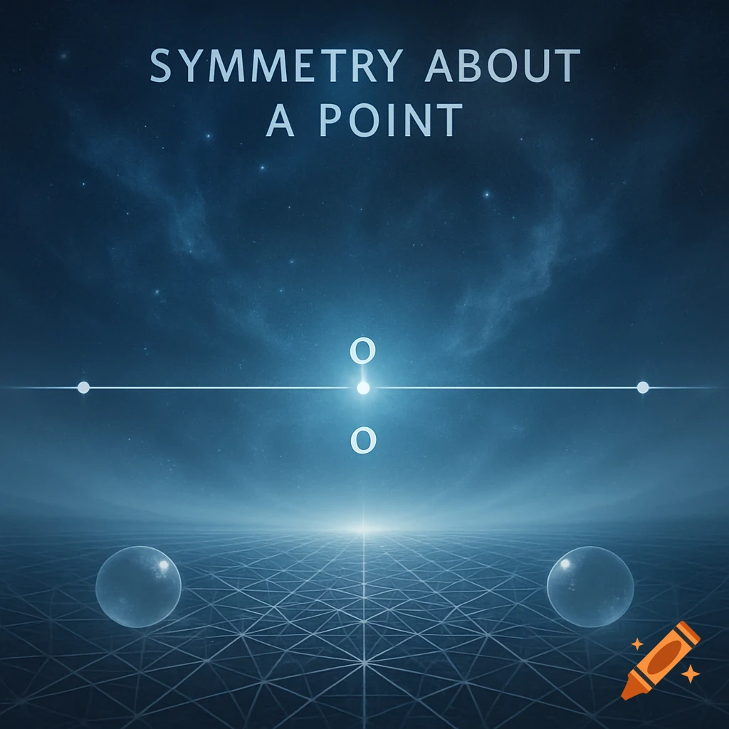 Diagram illustrating symmetry about a point 'O' on a line in a blue, futuristic starry space with a grid floor and glowing elements.
