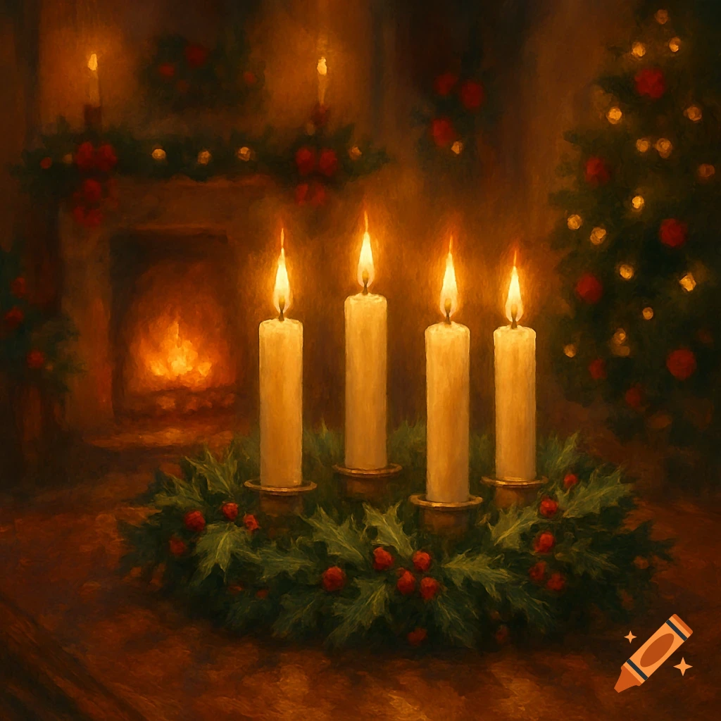 Four lit candles in an Advent wreath with holly berries, in a warm, painterly scene with a fireplace and Christmas tree.