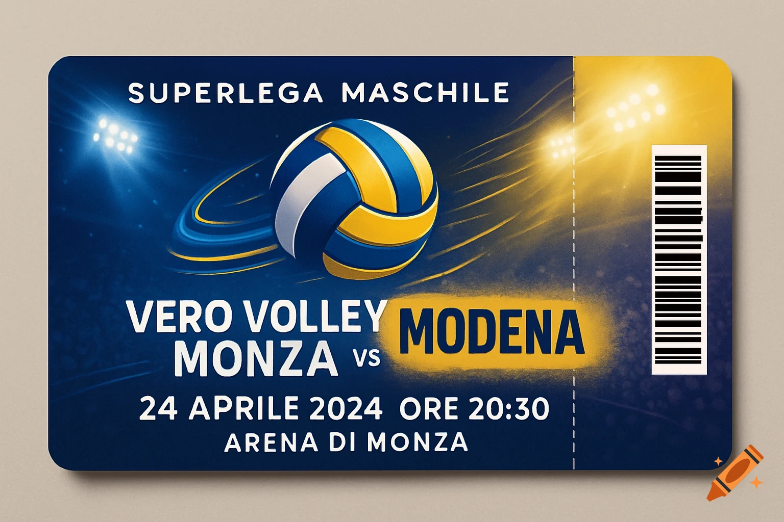 A vibrant blue and yellow sports ticket for a Superlega Maschile volleyball match between Vero Volley Monza and Modena, with a barcode.