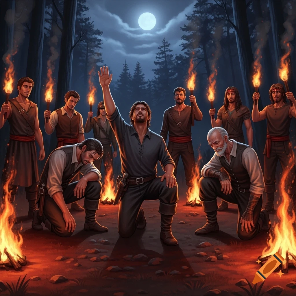 A group of men in a dark forest at night with torches and campfires, one kneeling man raises his arm to a full moon.