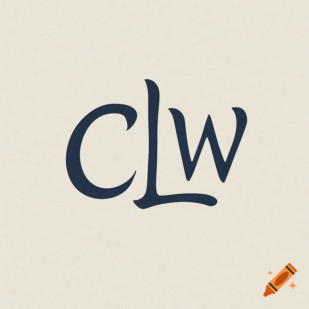 Stylized dark blue letters 'CLW' on a light beige textured background.