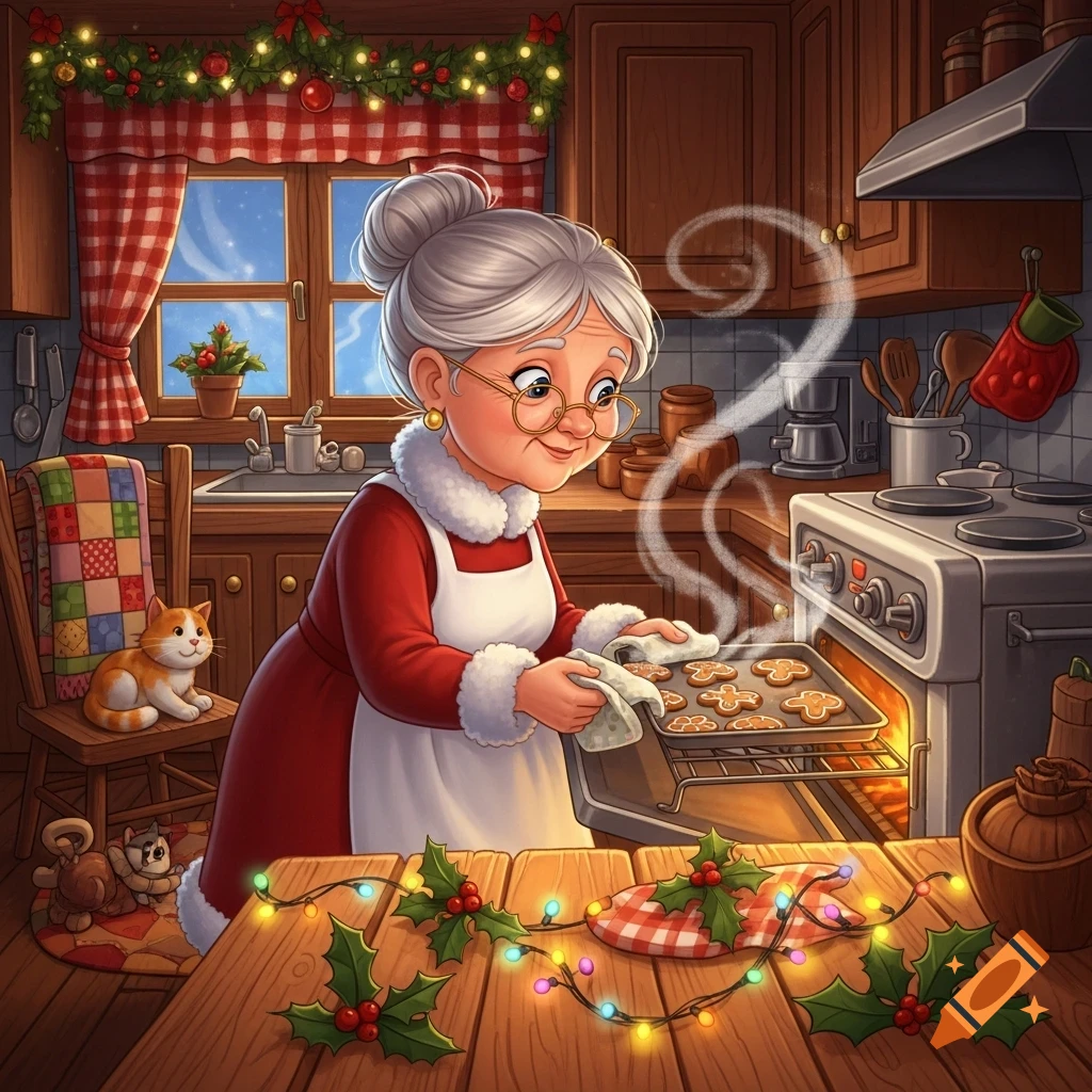 Cartoon Mrs. Claus pulls gingerbread cookies from an oven in a cozy Christmas kitchen with two cats.