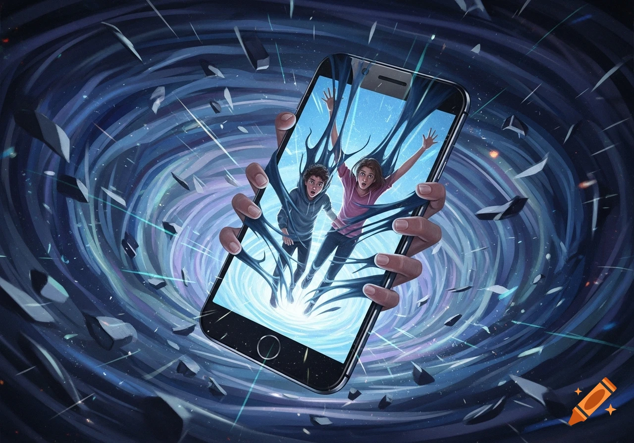 Hands holding a smartphone as two teenagers are pulled into its screen by black tendrils against a dark, swirling vortex, digital art.
