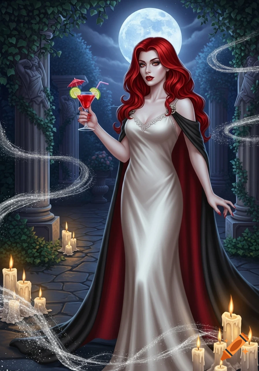 A red-haired vampire woman in a white dress and black cape holds a red cocktail with an umbrella in a moonlit, candlelit garden.