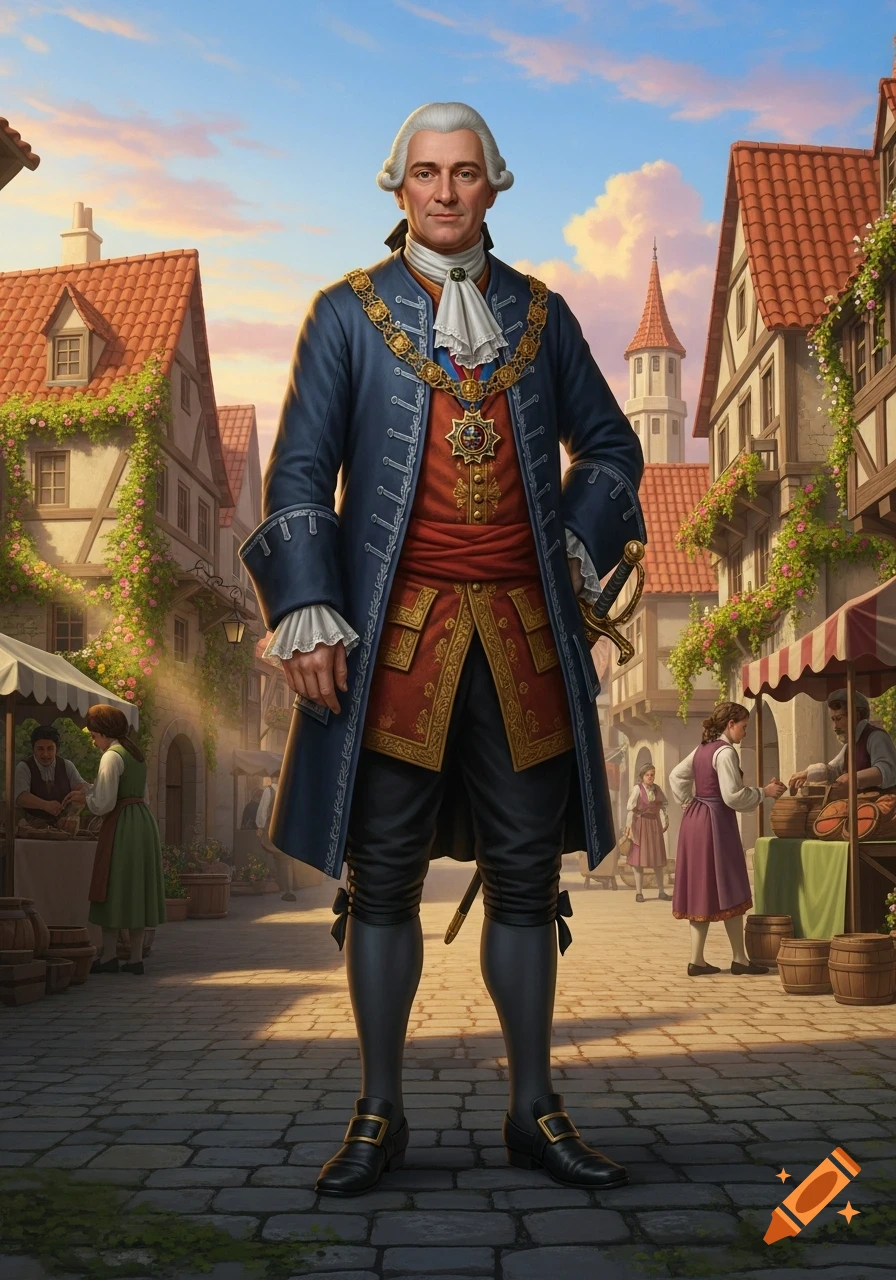 A man in a blue coat, white wig, and historical attire stands in a bustling European town square under a colorful sky.