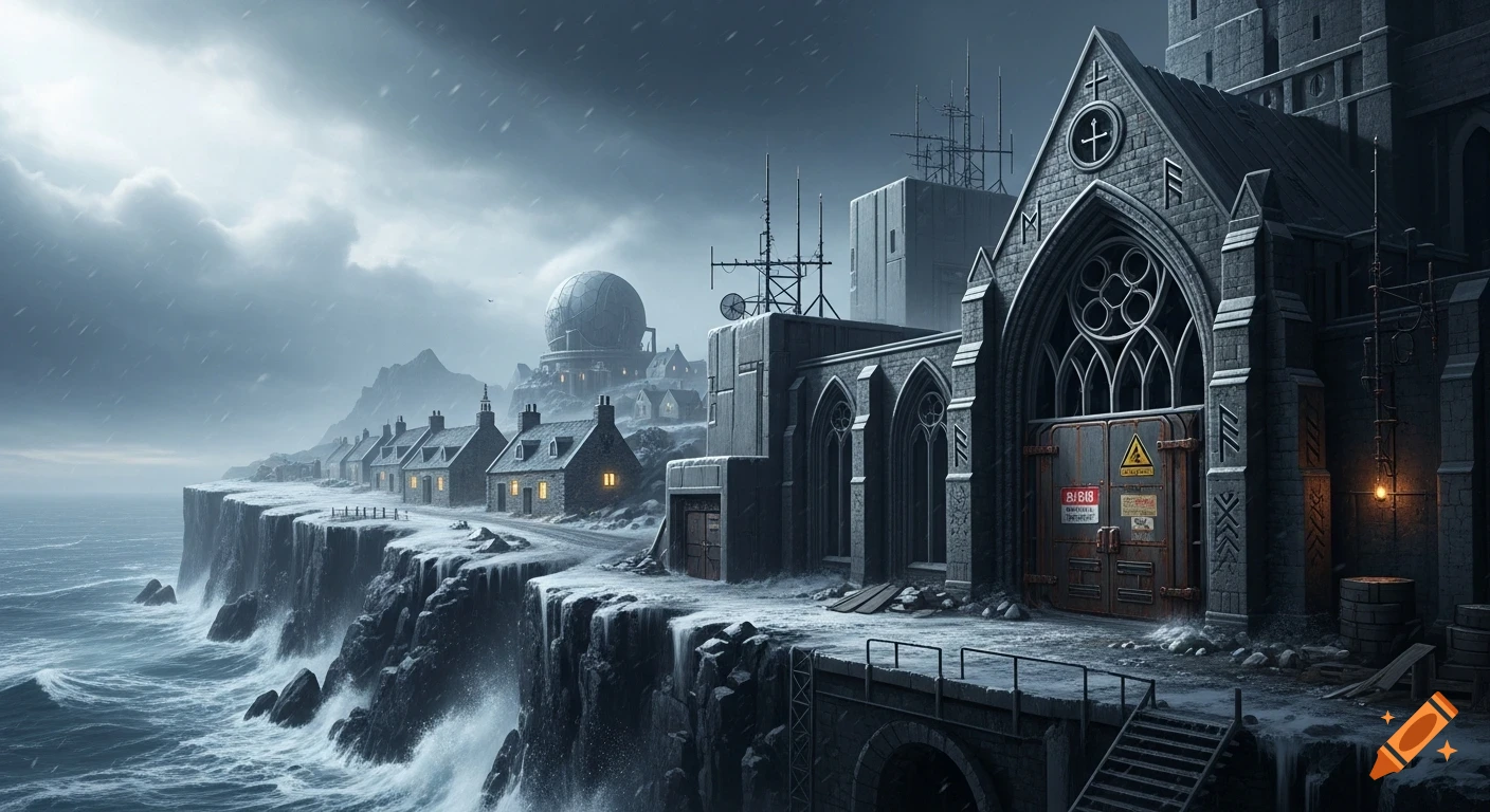 A dark gothic monastery merged with a brutalist facility on a snowy cliff overlooks a stormy sea, with a village in the background.