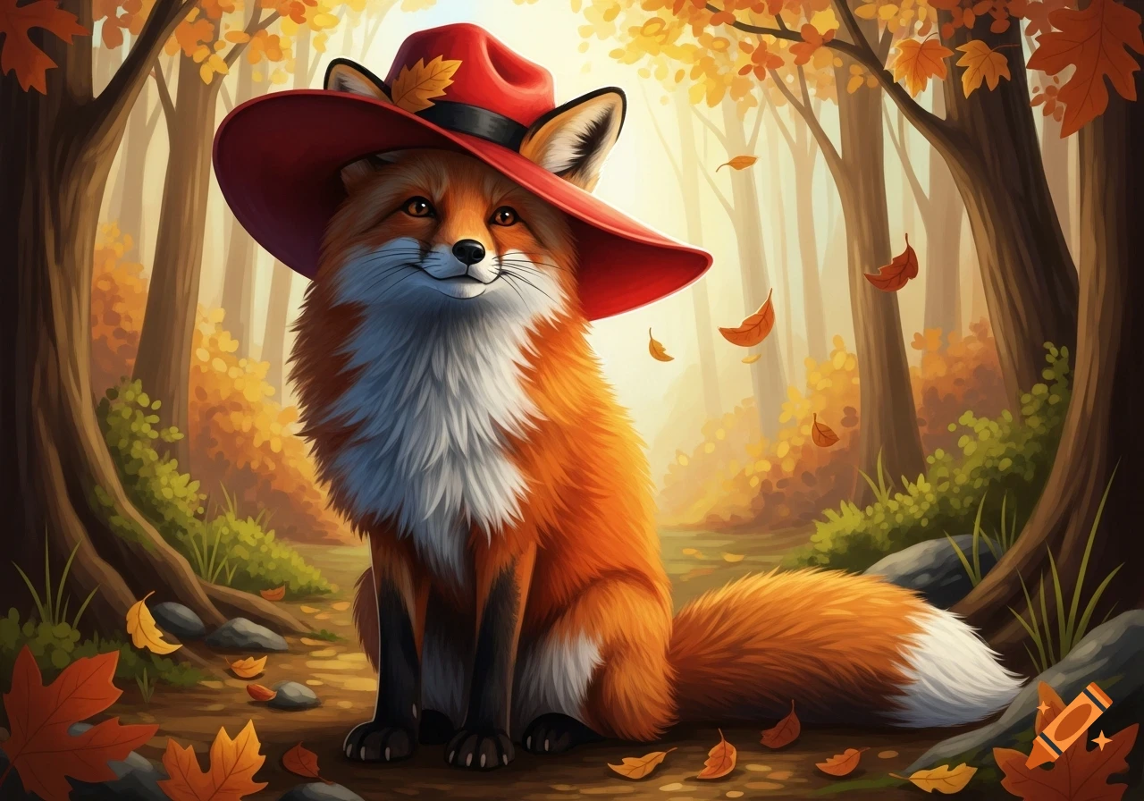 A cute fox in a red hat sits in a whimsical autumn forest with falling ...