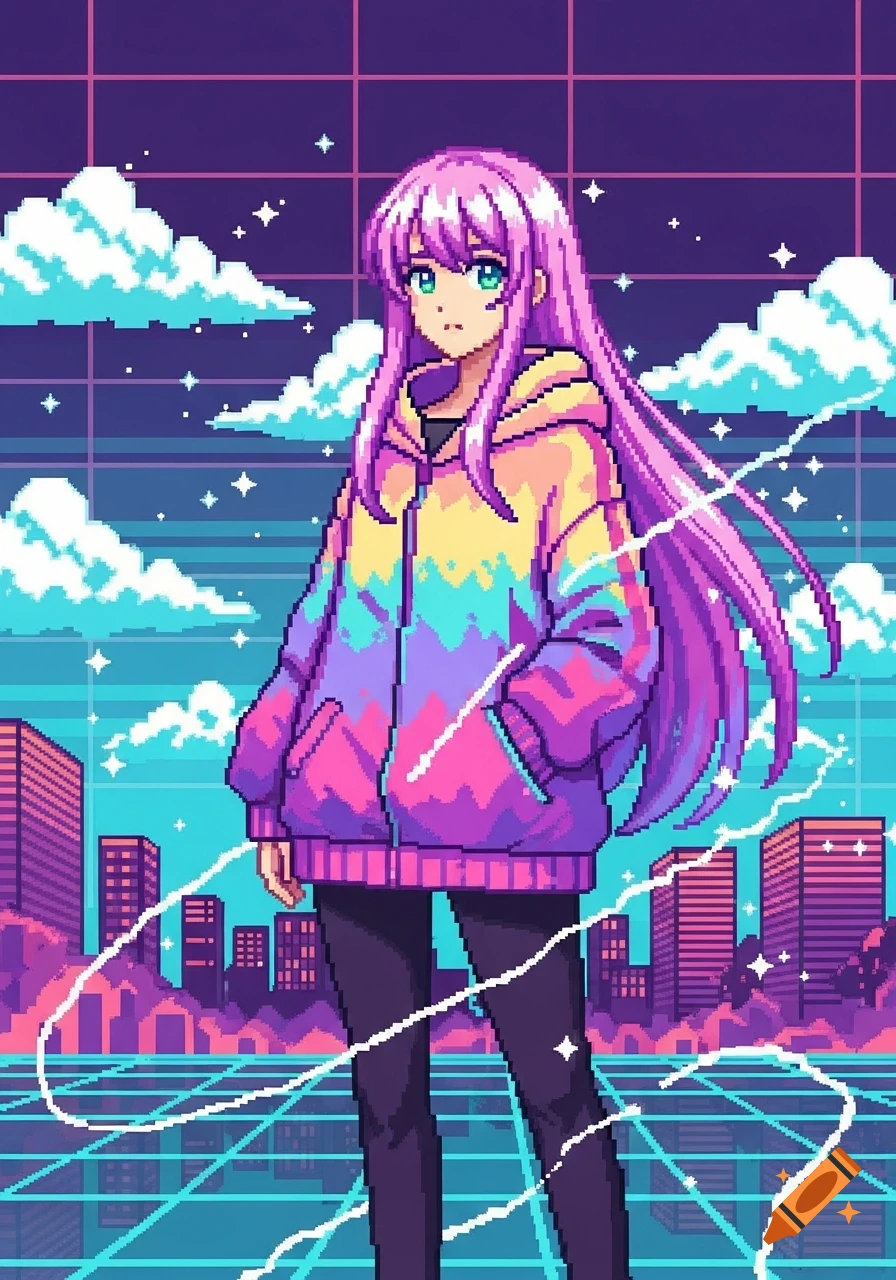 Pixel art anime girl with long purple hair, wearing a rainbow hoodie, stands against a vaporwave city with a grid and clouds.