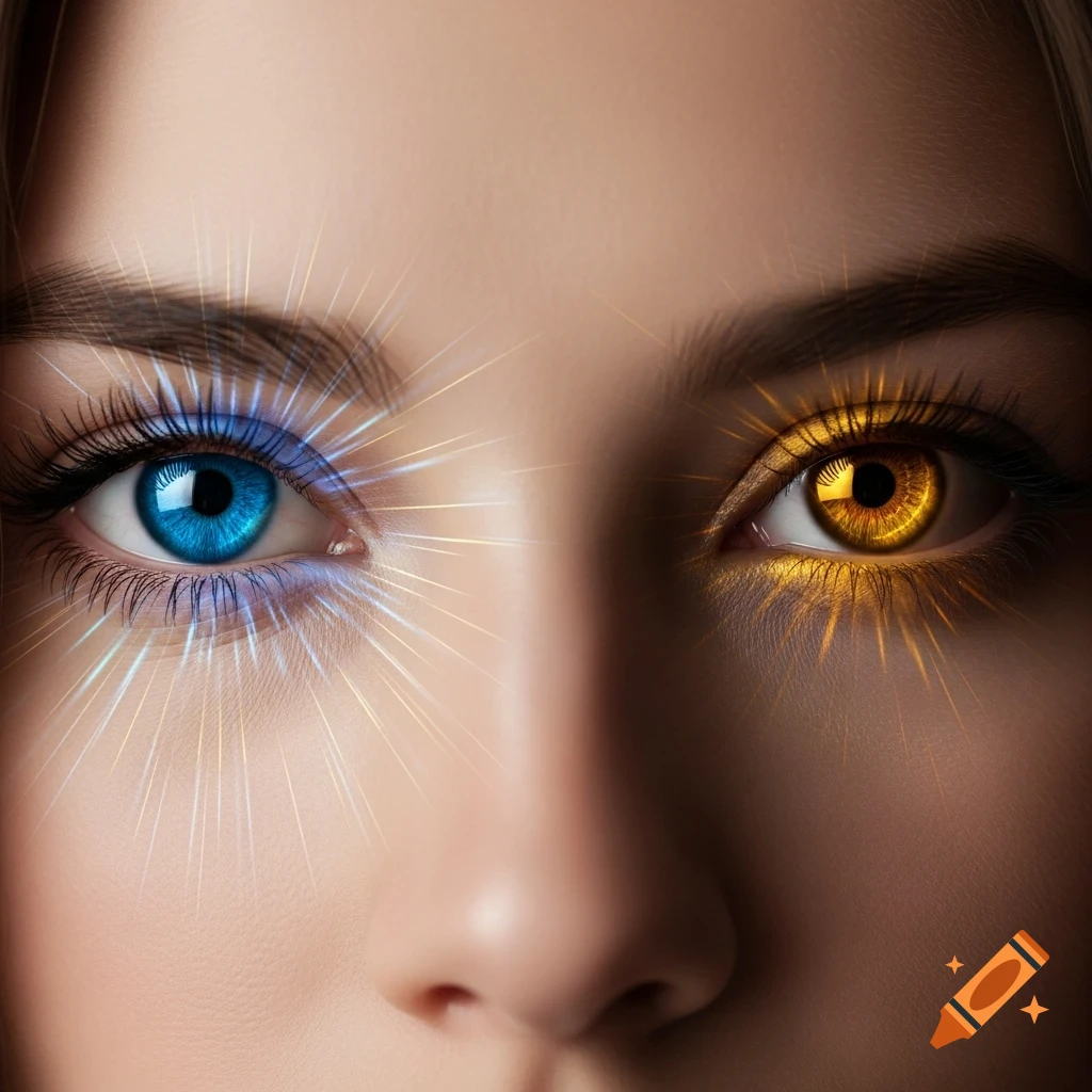 Close-up of a person's realistic face, with one bright blue eye and one gold eye, both radiating light.