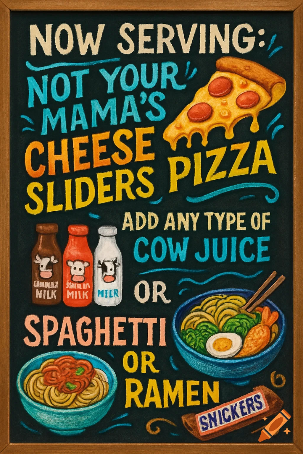 A colorful chalkboard menu features hand-drawn text and illustrations of a pizza slice, milk bottles, spaghetti, ramen, and a Snickers bar.