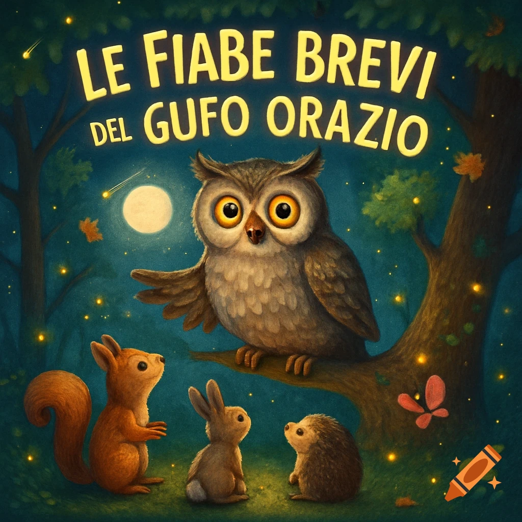 An owl sits on a tree branch, surrounded by glowing fireflies, with a squirrel, rabbit, and hedgehog listening below in a magical forest at night, under a full moon. The title "LE FIABE BREVI DEL GUFO ORAZIO" is at the top in glowing yellow text. The style is a vibrant, magical digital illustration.