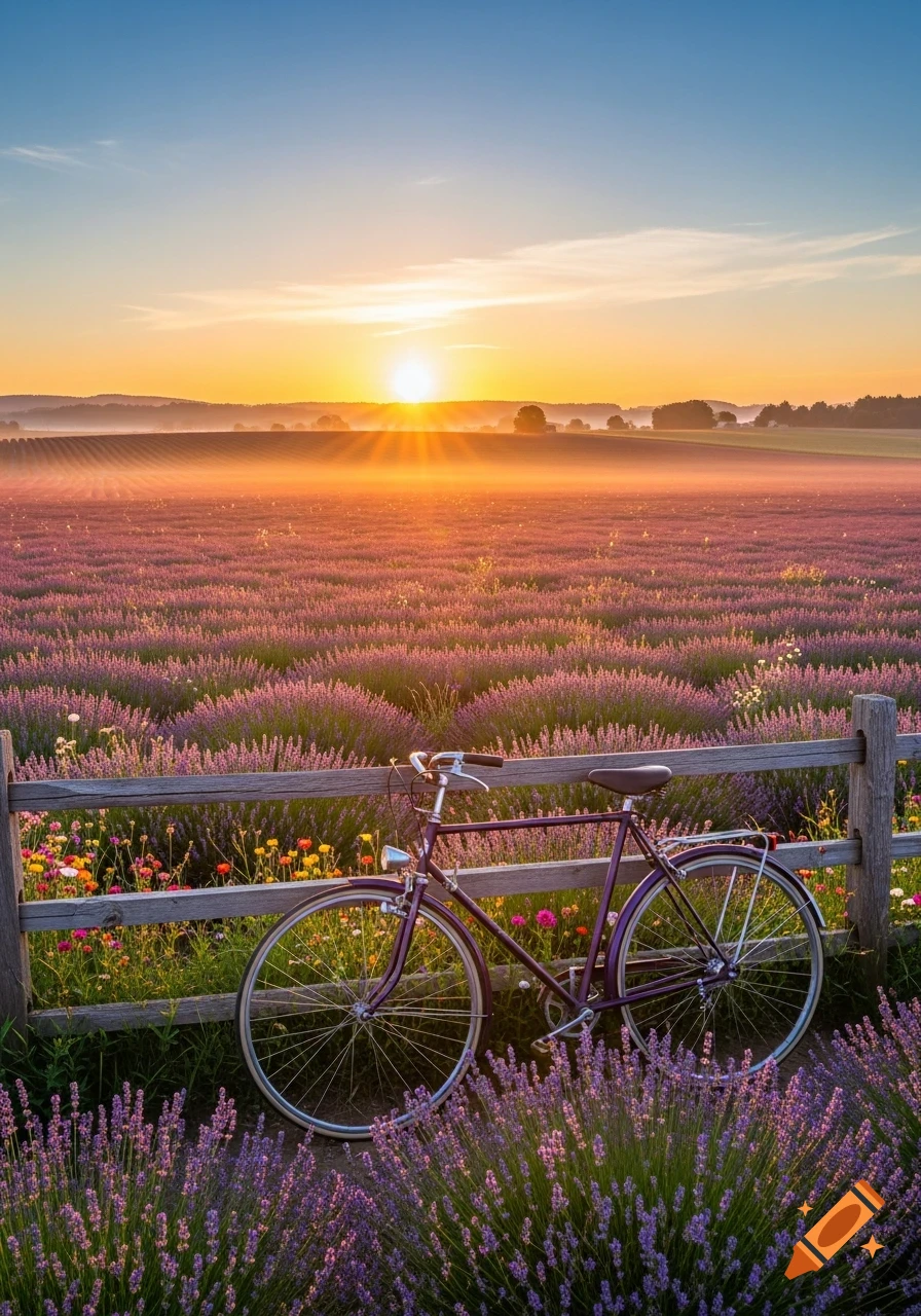 A purple bicycle leans against a wooden fence in a vast lavender field at sunrise.