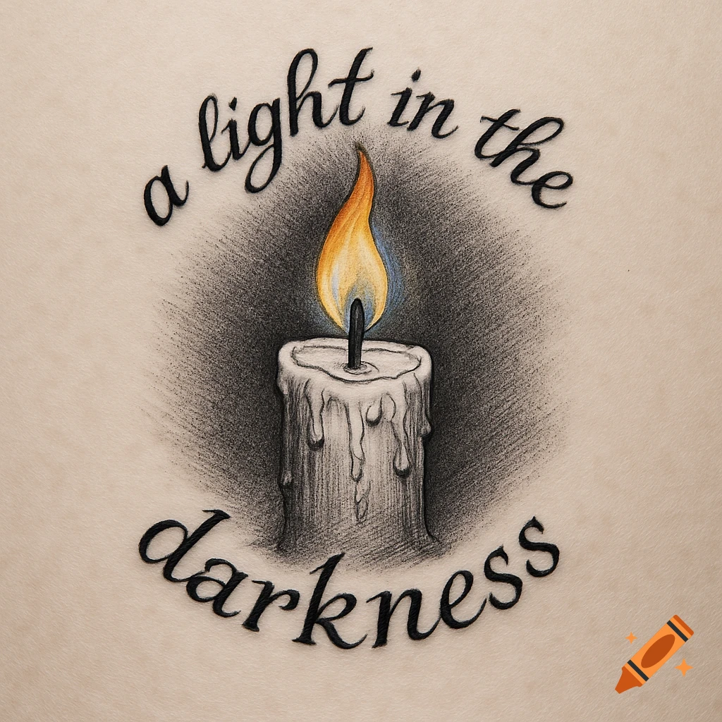 Stylized drawing of a burning candle with text 'a light in the darkness' curving around it, in a tattoo art style.