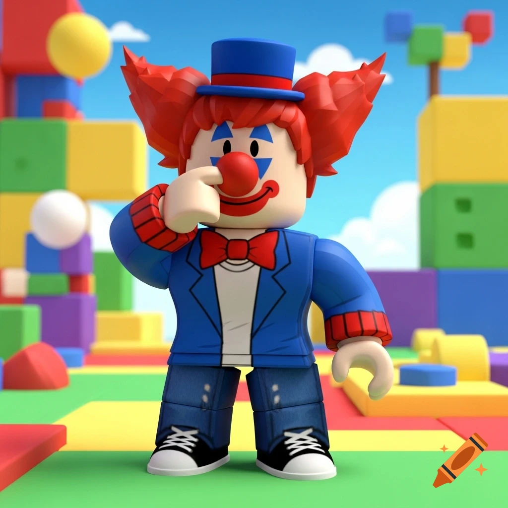 A Roblox-style clown with red hair, blue suit, and red bow tie touches its red nose in a colorful blocky playground.