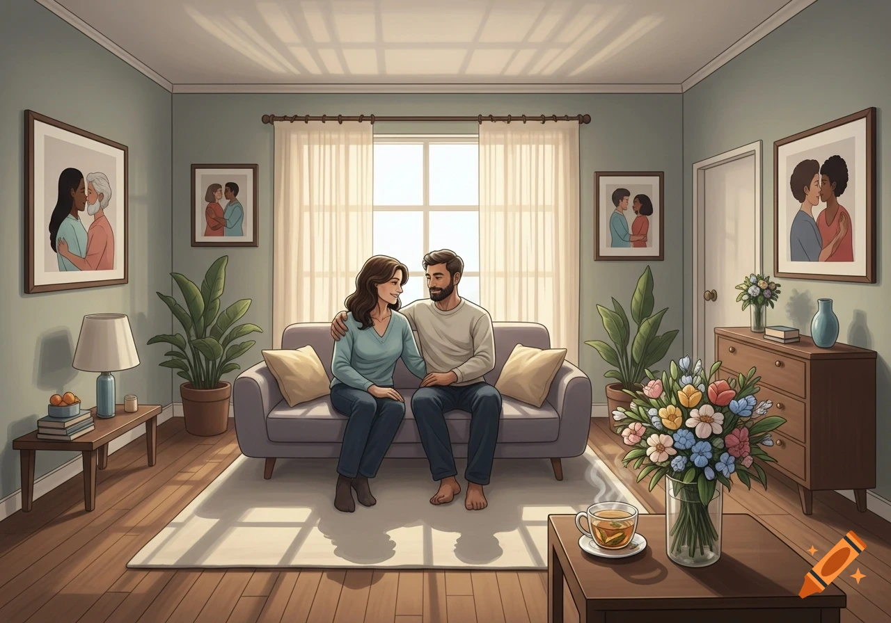 An illustrated couple sits on a couch in a cozy living room, holding hands and looking at each other.