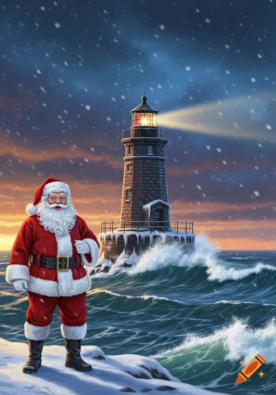 A festive illustration of Santa Claus standing on a snowy shore with a lighthouse amidst a stormy, snowy sea at dusk.