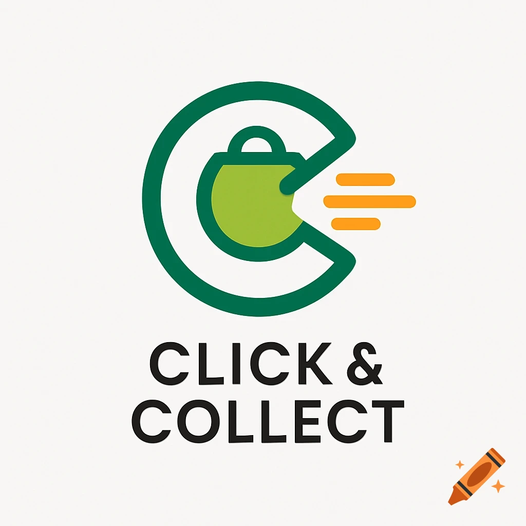Minimalist logo for a click and collect service, with a green 'C' enclosing a shopping bag and orange speed lines, above 'CLICK & COLLECT' text.