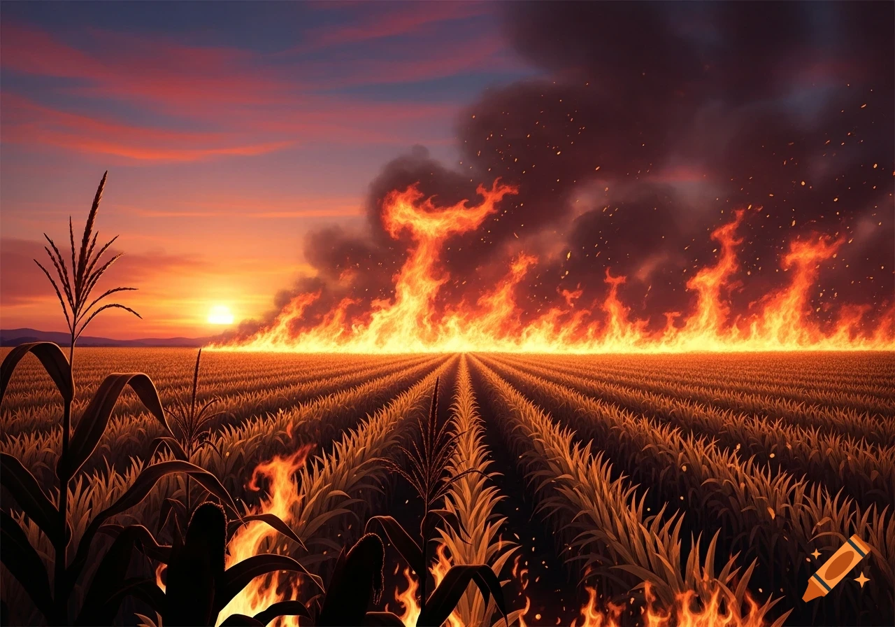 A vast cornfield is ablaze under a dramatic, fiery sunset sky, with rows of crops leading towards large flames and dark smoke billowing upwards.