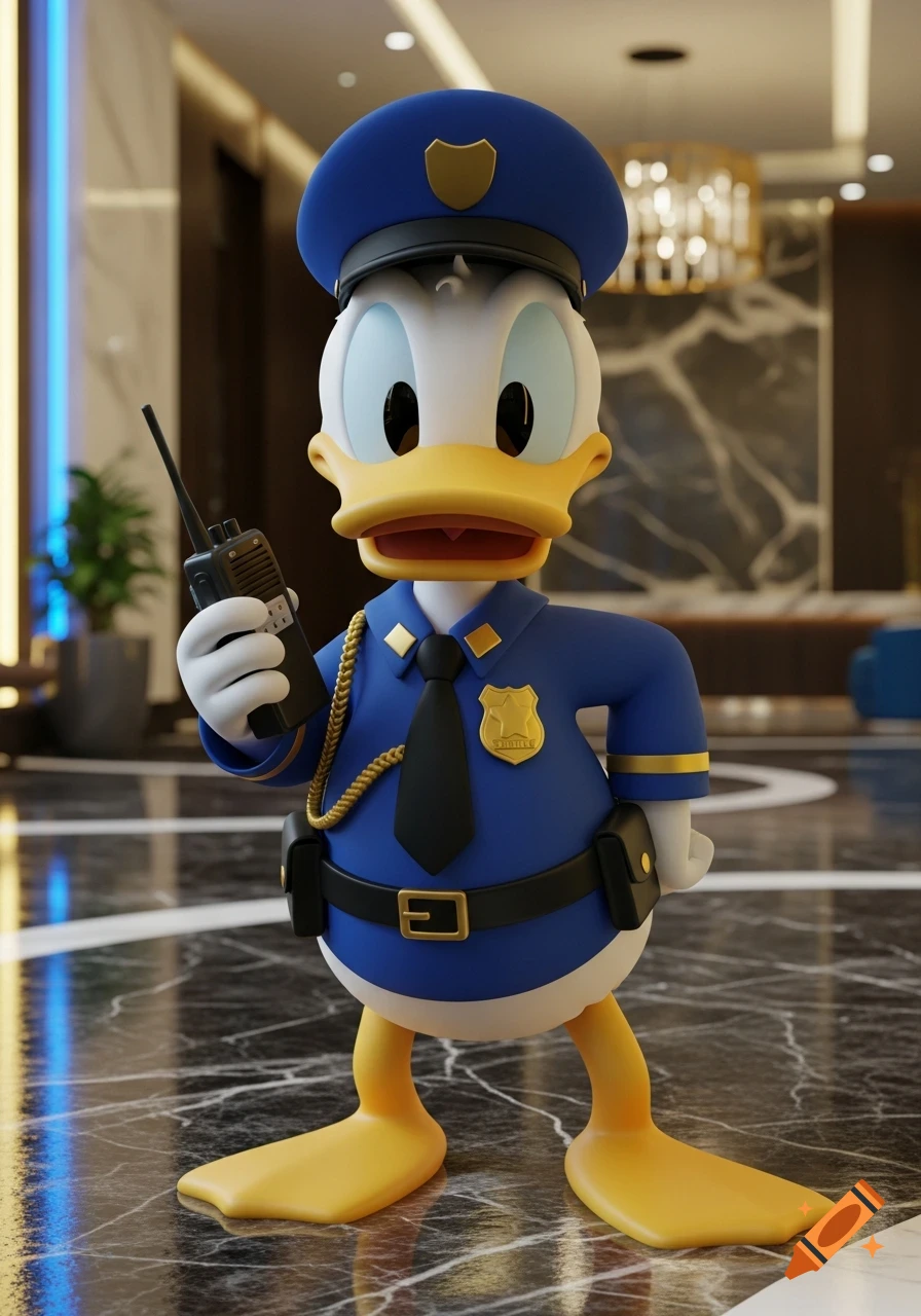 Donald Duck, in 3D art style, wearing a blue police uniform and holding a walkie-talkie, stands on a polished marble floor.