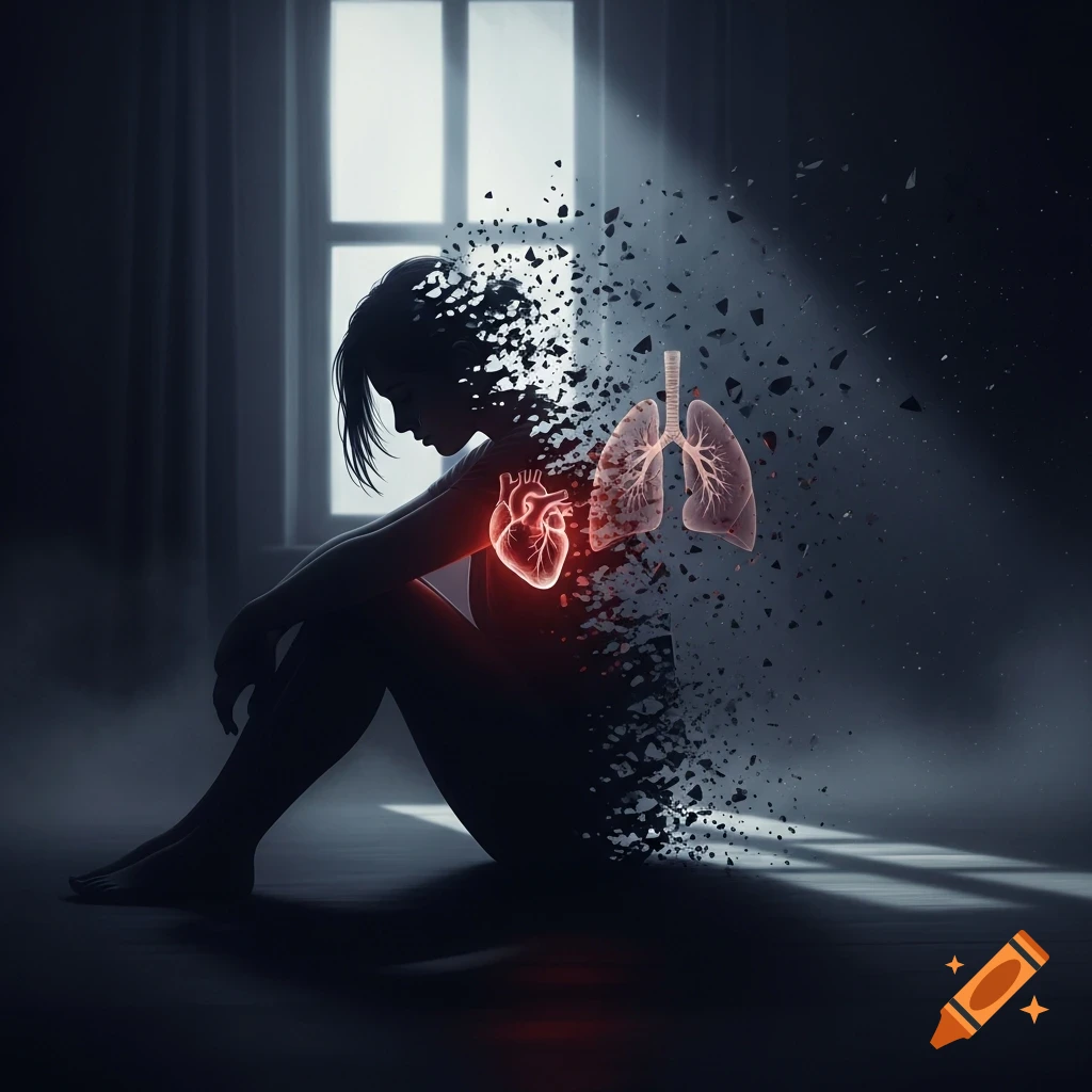 Dark digital art of a silhouetted person crumbling into particles, revealing a glowing heart and lungs, symbolizing grief.