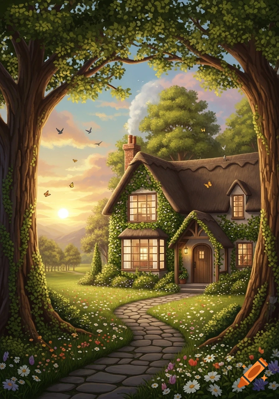 A winding stone path leads to a whimsical, ivy-covered cottage framed by large trees at sunset, with butterflies and birds.