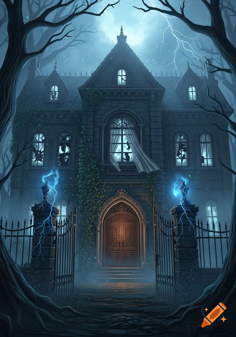 A spooky gothic mansion at night, framed by bare trees, with broken windows and blue lightning around its gate, in a dark fantasy art style.