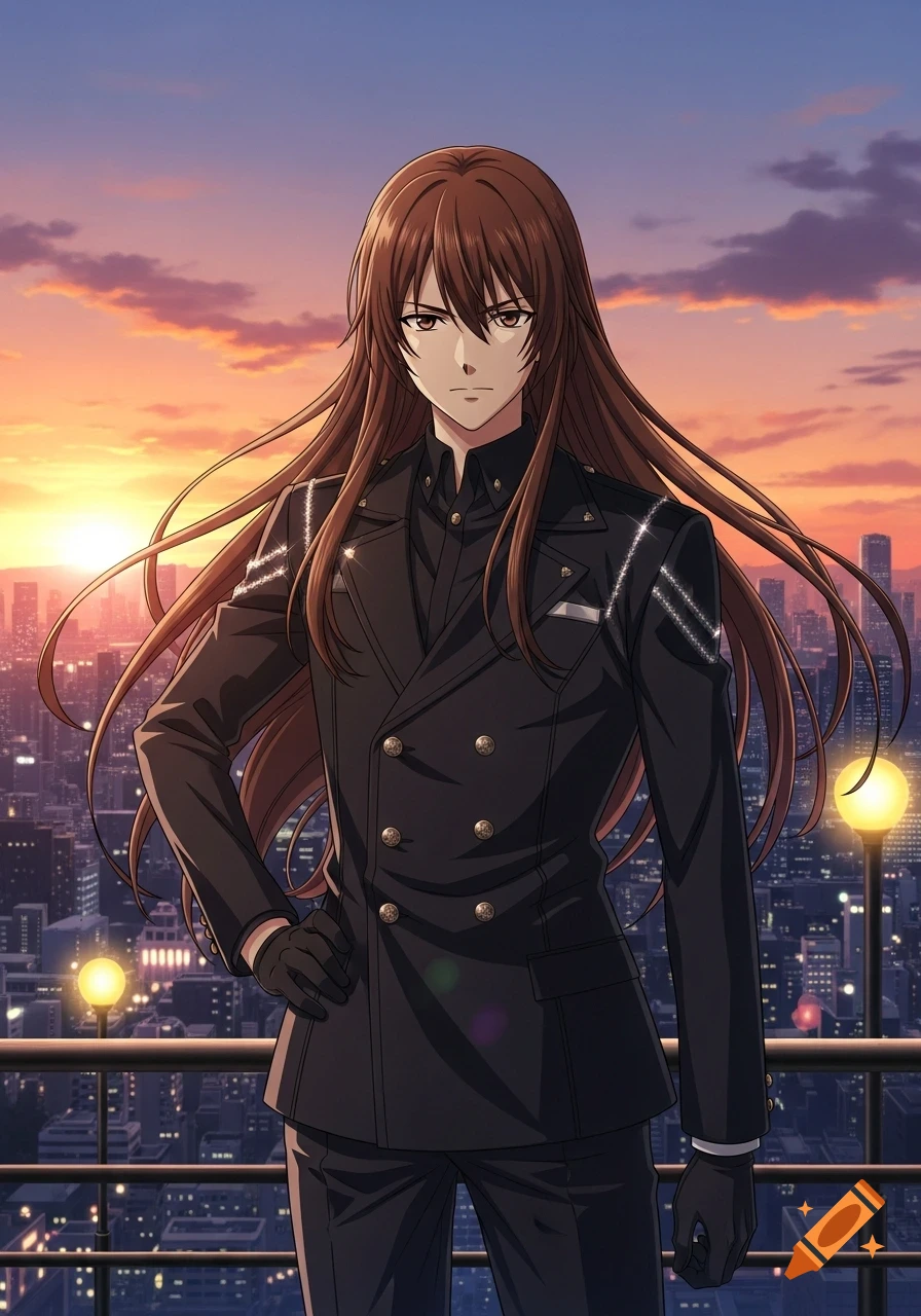 Anime man with long brown hair in a black uniform, standing on a rooftop overlooking a city at sunset.
