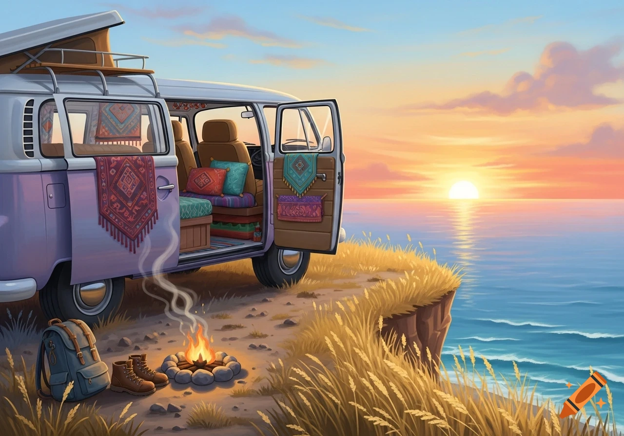 Stylized illustration of a camper van parked on a grassy cliff overlooking the ocean at sunset, with a campfire, backpack, and boots nearby.