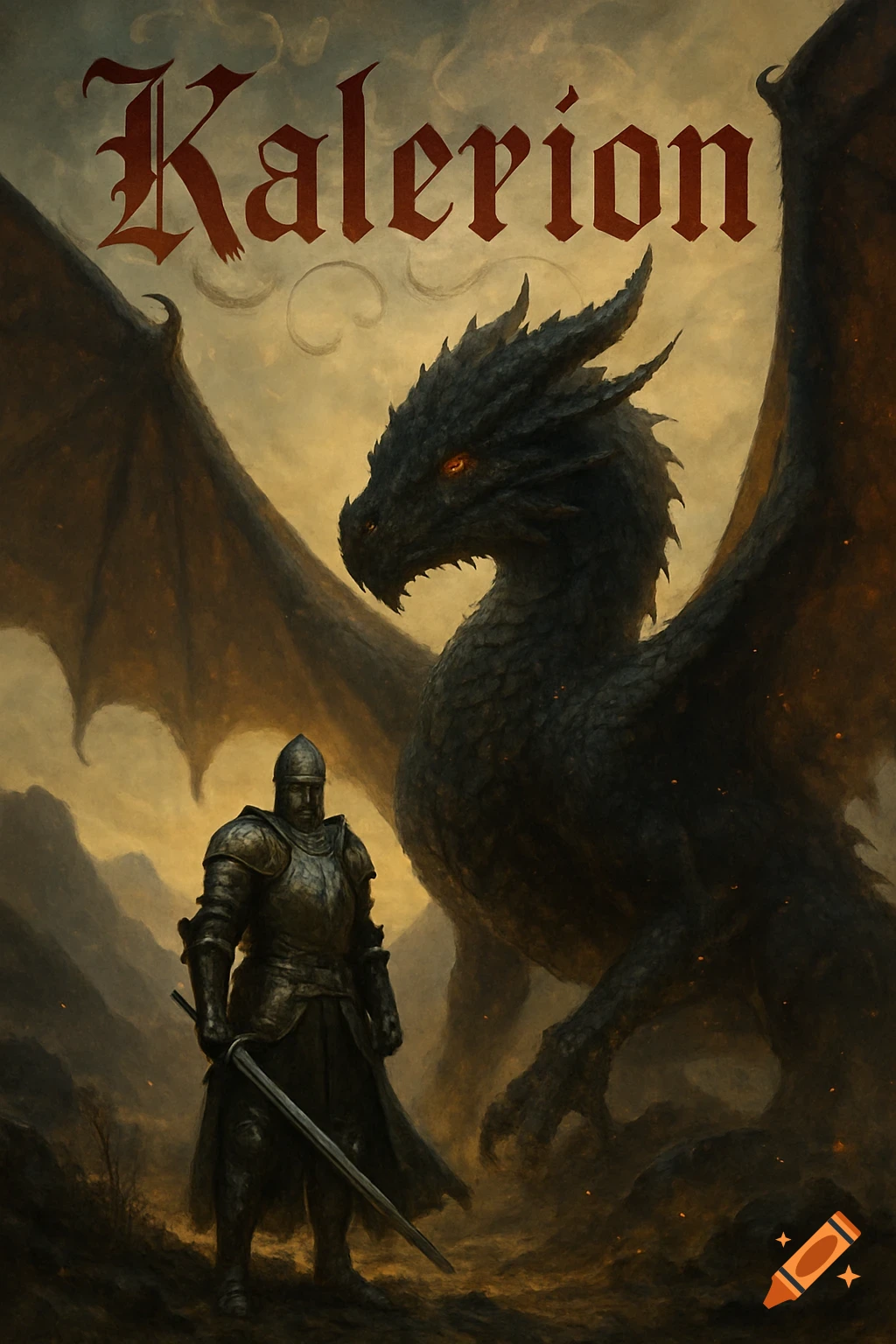 A knight in armor stands before a massive black dragon in a dark fantasy landscape, with 'Kalerion' at the top.