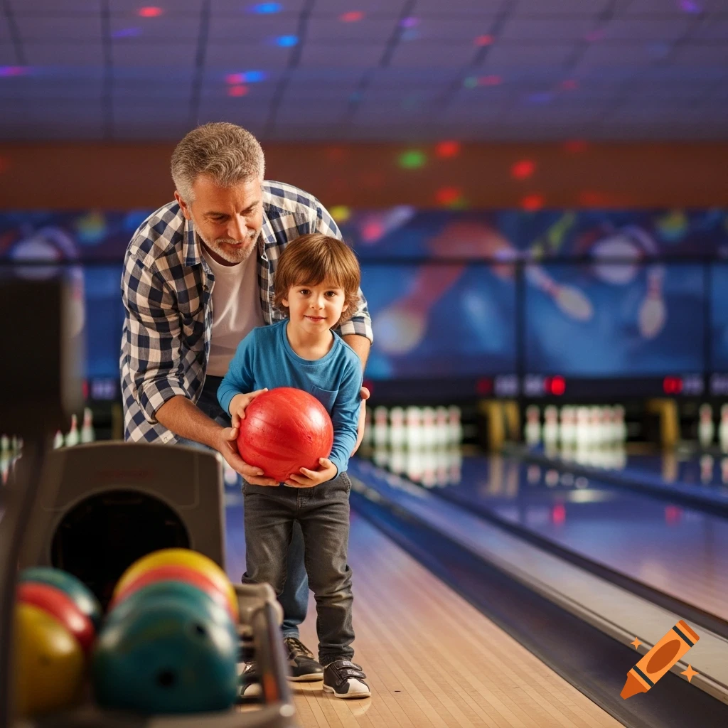 A man helps a young boy hold a red bowling ball in a brightly lit bowling alley.