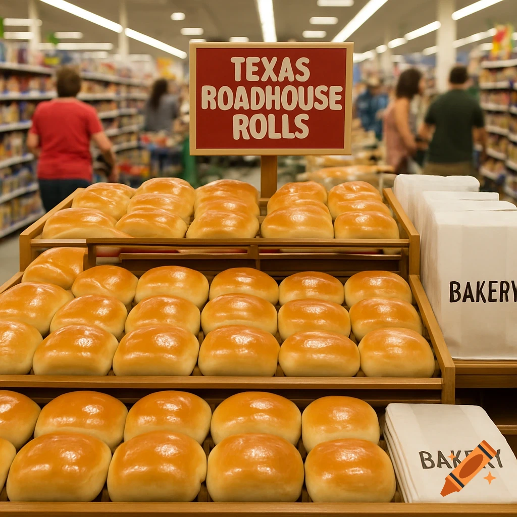Texas Roadhouse Rolls displayed on a bakery shelf in a grocery store, with 'BAKERY' bags visible and blurred shoppers.