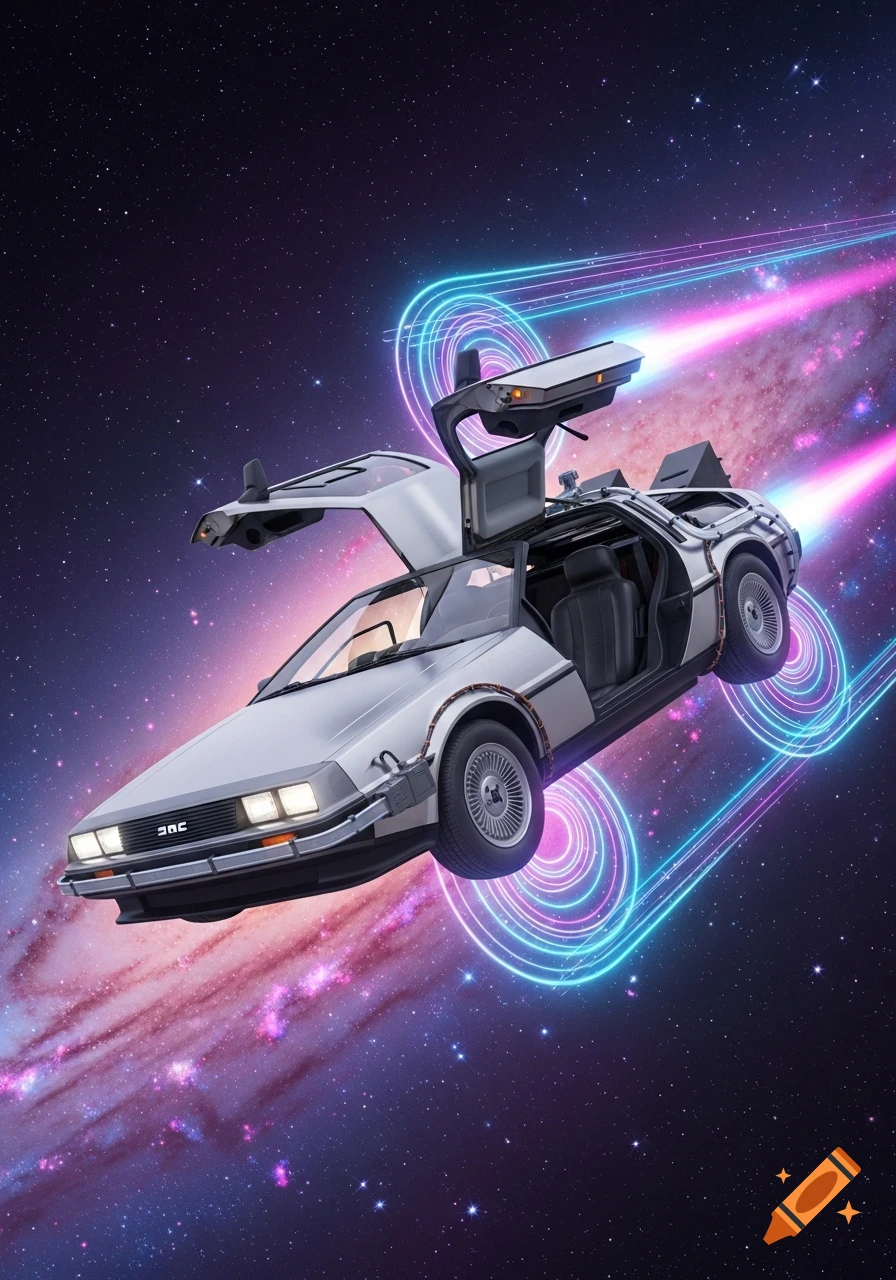 A silver DeLorean car with gull-wing doors open flies through a starry galaxy with glowing pink and blue synthwave trails.