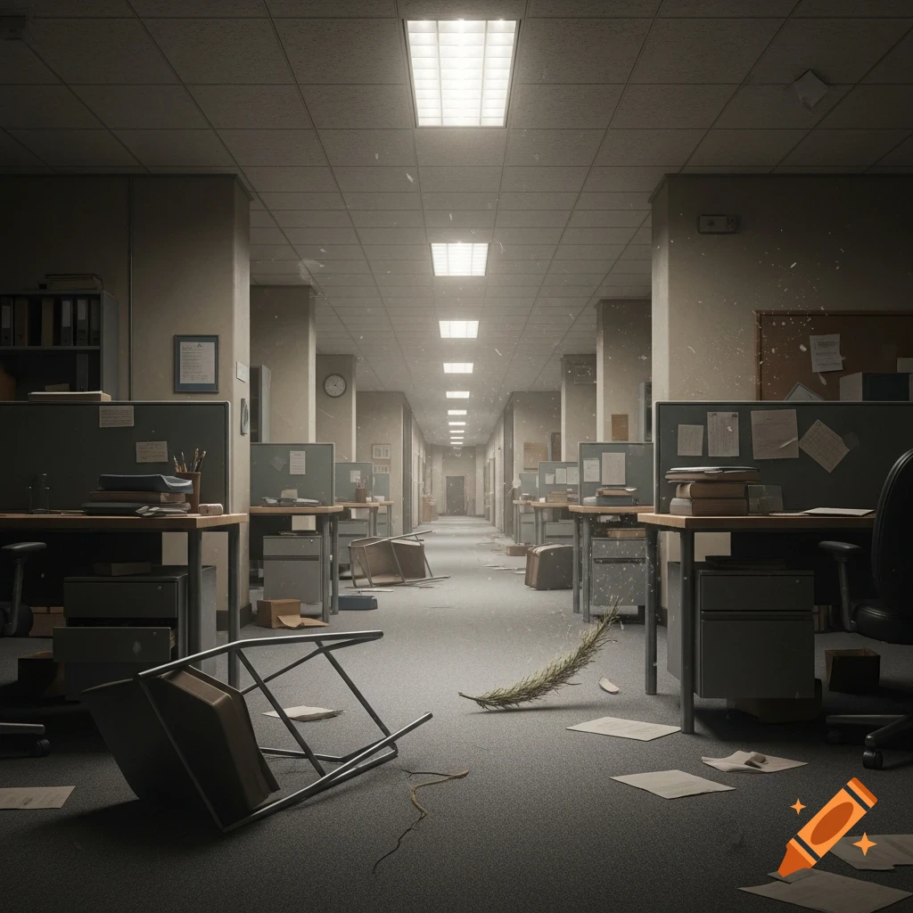 A long, abandoned office hallway with overturned chairs, papers on the floor, and dust motes floating in the air.