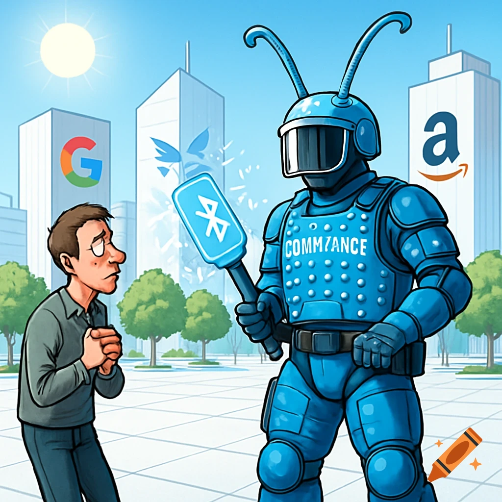 A nervous man faces a blue robot-like officer in a corporate city. The officer holds a large Bluetooth dongle, scanning the man, with 'COMM?ANCE' on its chest. Skyscrapers with Google and Amazon logos are in the background in this cartoon style image.