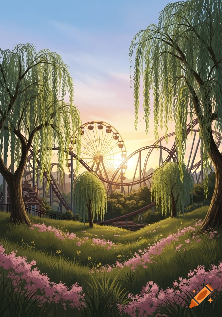 A stylized illustration of a theme park at sunset, with a Ferris wheel and roller coasters visible behind lush willow trees and a field of pink flowers.