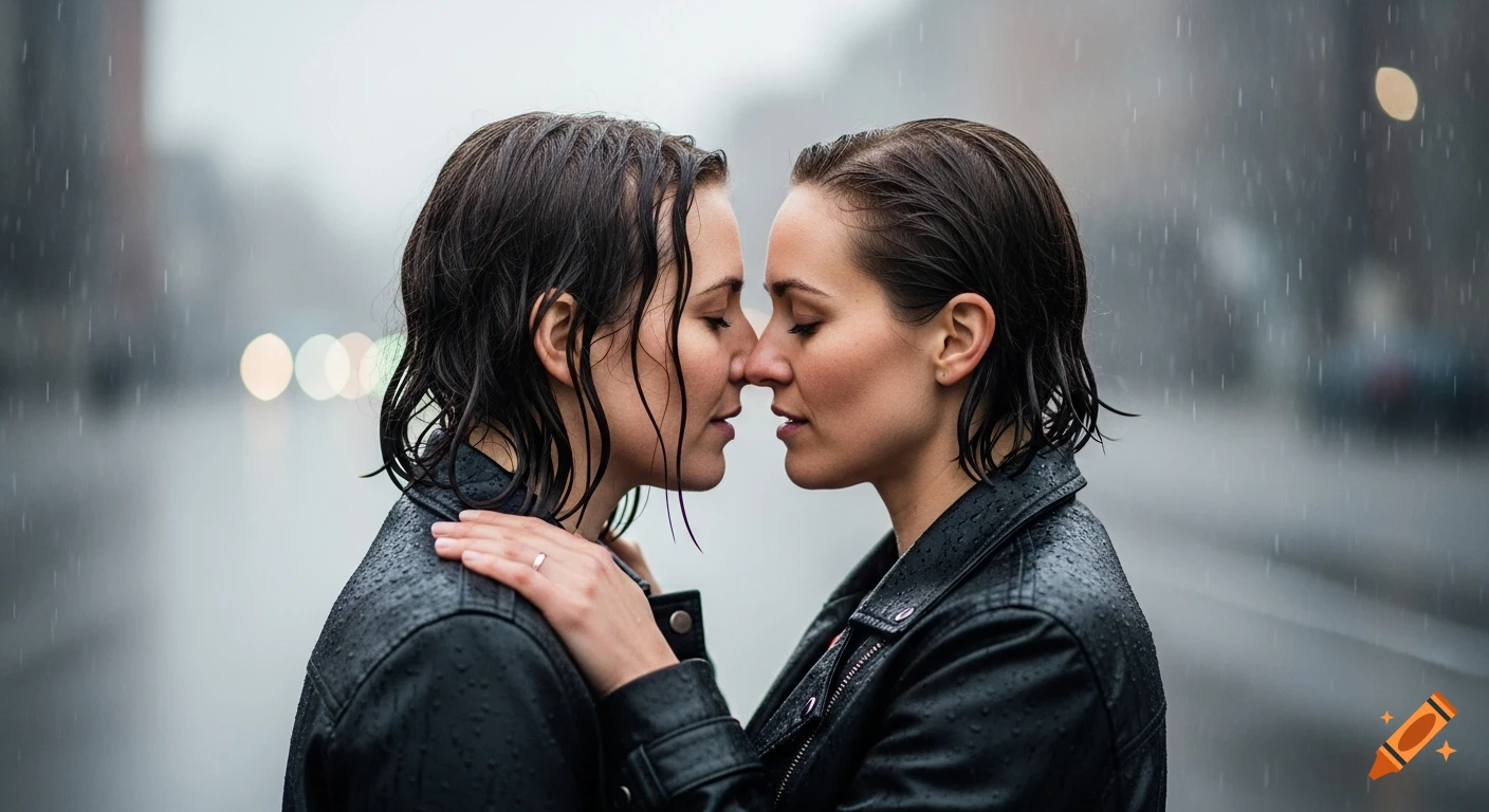 Two women in black jackets lean in for a kiss, embracing in a photorealistic rainy city scene.