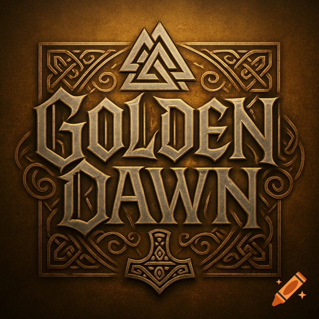 A golden and silver metallic logo with ornate Viking-style lettering spelling "GOLDEN DAWN," framed by intricate knotwork and symbols.