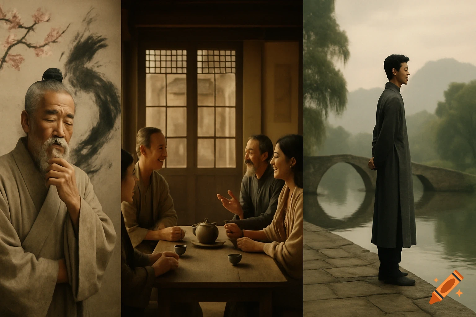 Three panels depicting traditional Chinese aesthetics: an old man contemplating, people enjoying tea, and a man by a misty lake with an arched bridge.