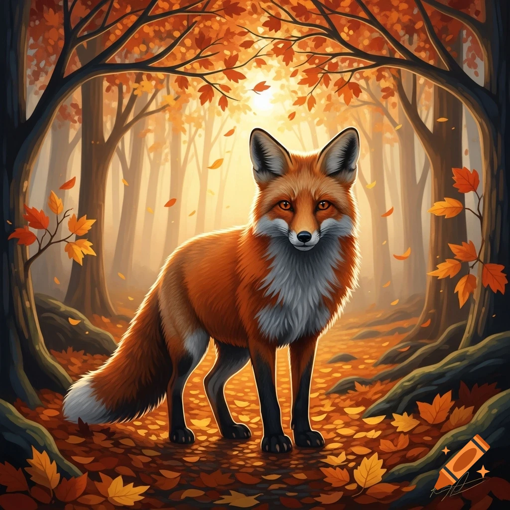 An illustrative orange fox stands in an autumn forest filled with bright leaves and sunlight.