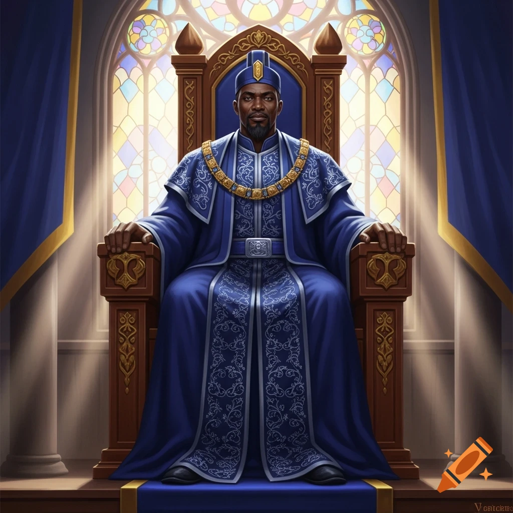 A regal Black man in a blue and gold robe sits on an ornate throne before a stained glass window.
