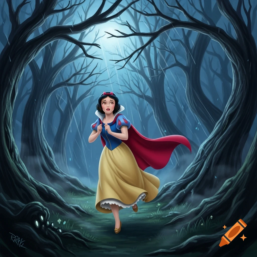 Scared Snow White runs through a dark, rainy forest with gnarled trees, looking over her shoulder.