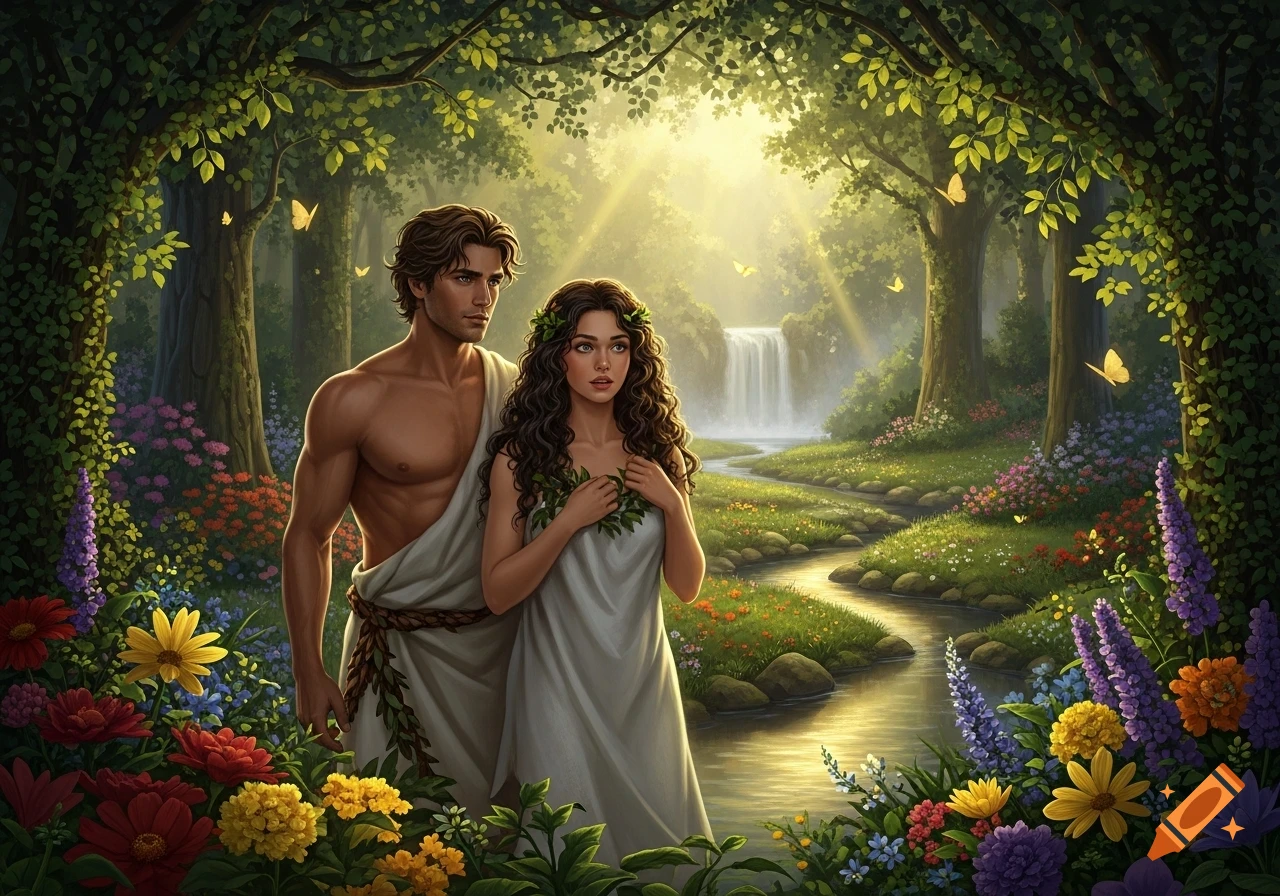 Adam and Eve in the Garden of Eden, surrounded by lush foliage, colorful flowers, a stream, and a waterfall.