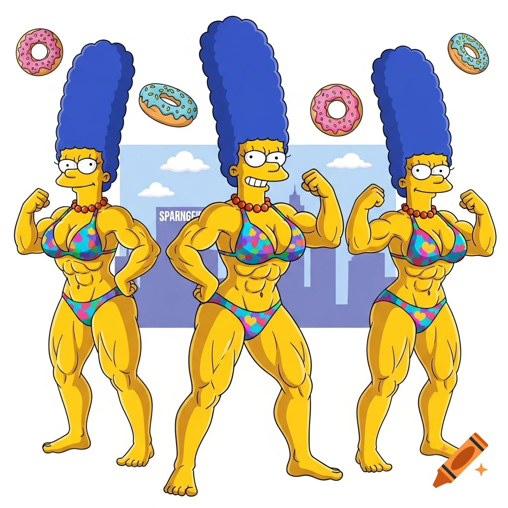 Three muscular Marge Simpsons in bikinis flex their biceps with donuts floating around them in a cartoon style.