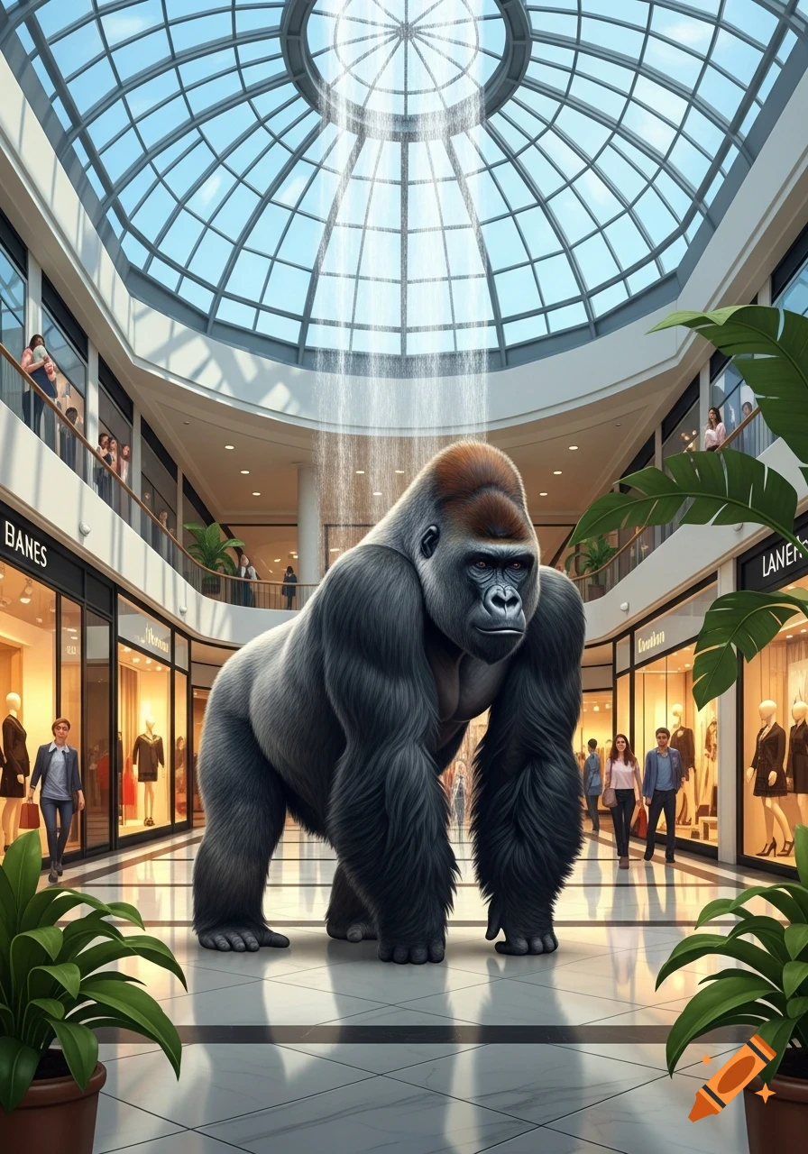 A giant photorealistic gorilla stands prominently in the center of a bustling, modern shopping mall with a glass dome ceiling and a water feature.