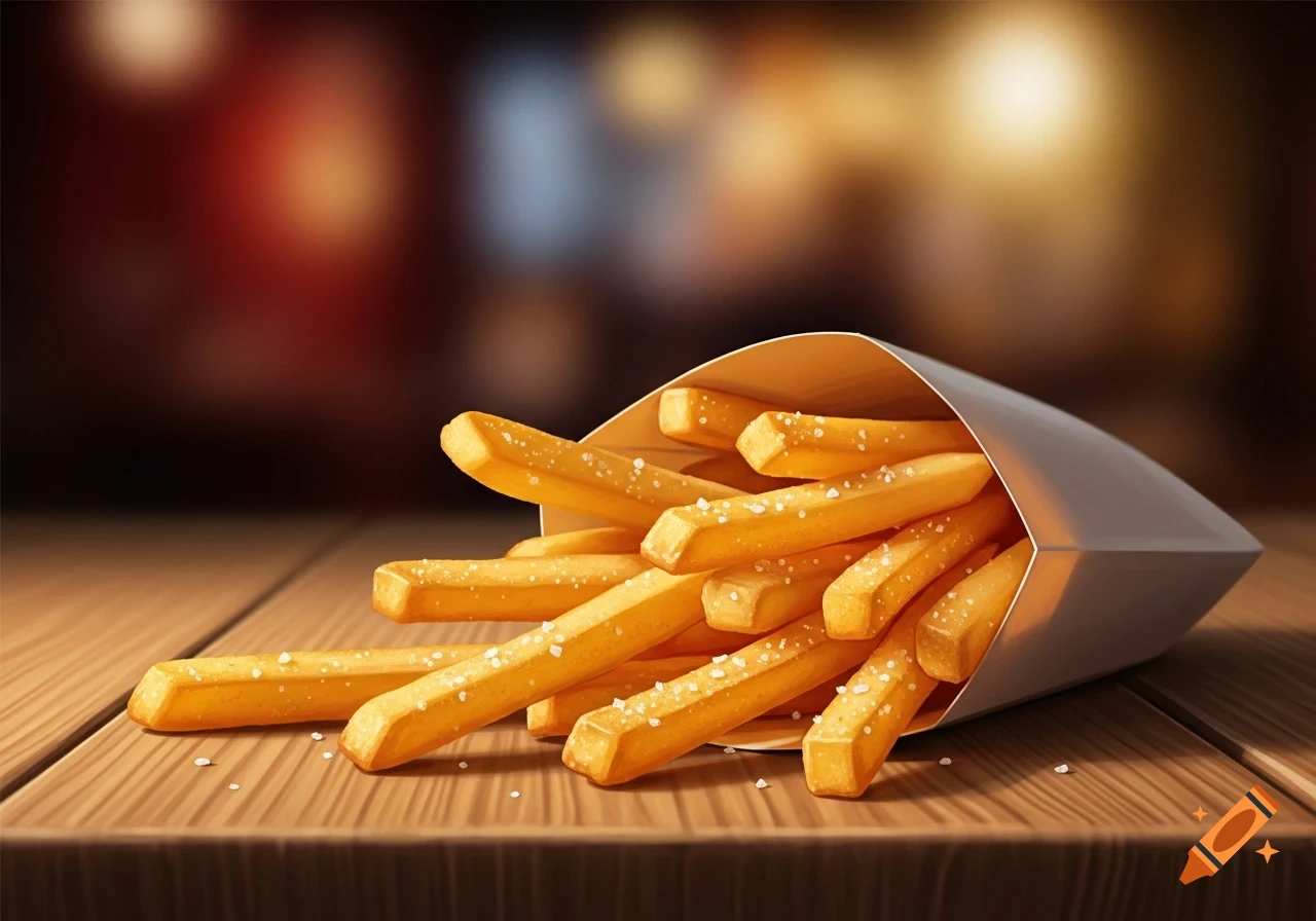 Salted french fries spill from a white paper packet onto a wooden table, with a blurred restaurant background.