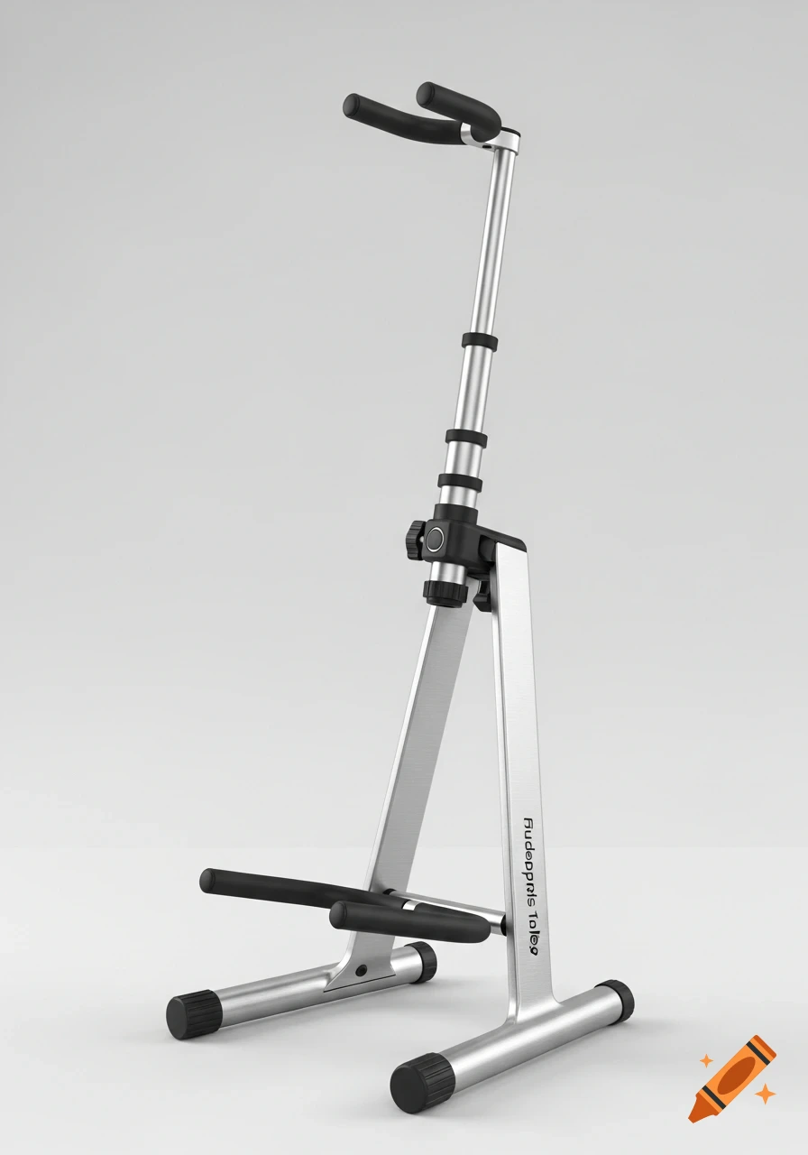 A modern, silver and black portable guitar stand with a minimalist design, rendered on a white background.